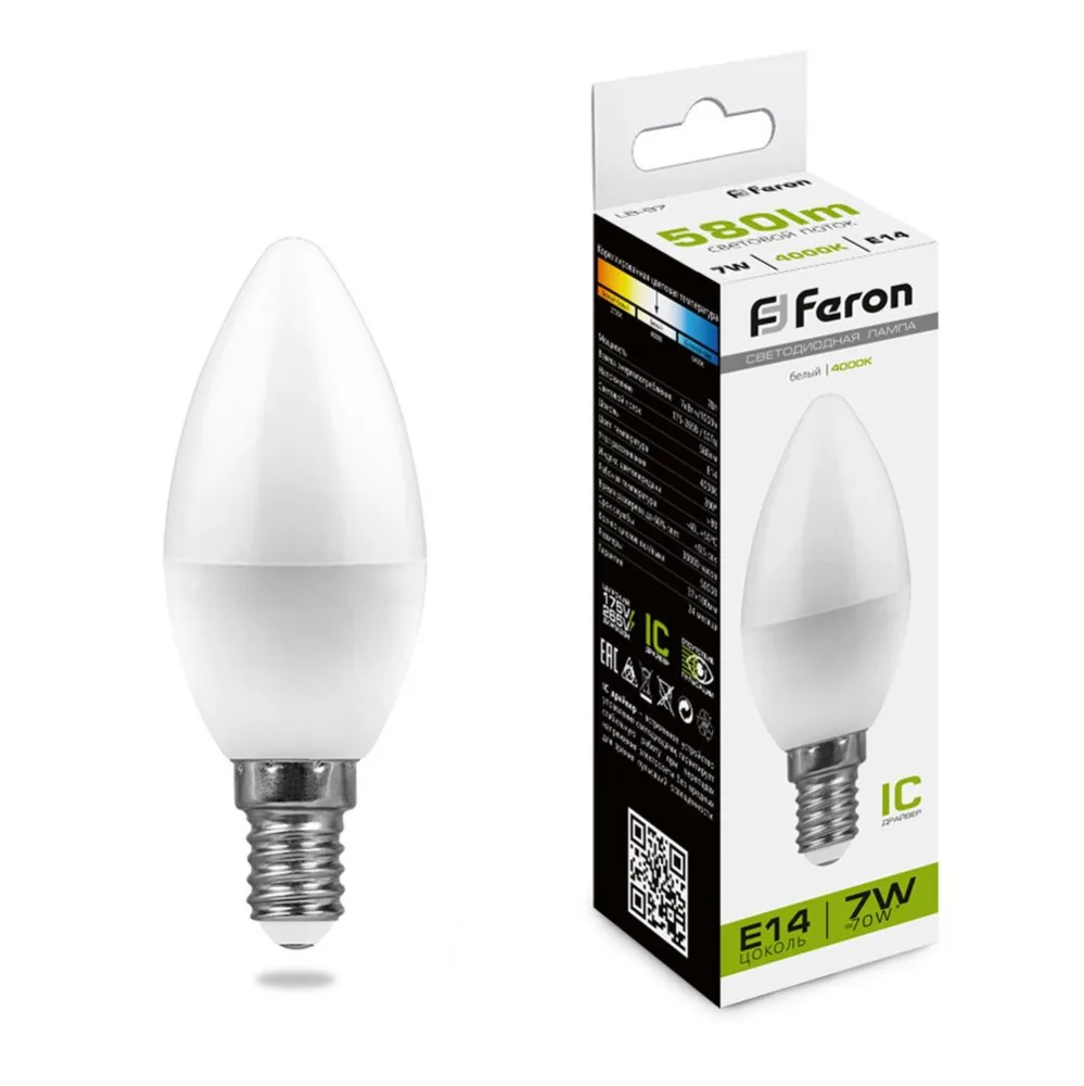 Лампа светодиодная FERON LB-97 Свеча E14 7W 175-265V 4000K 25476