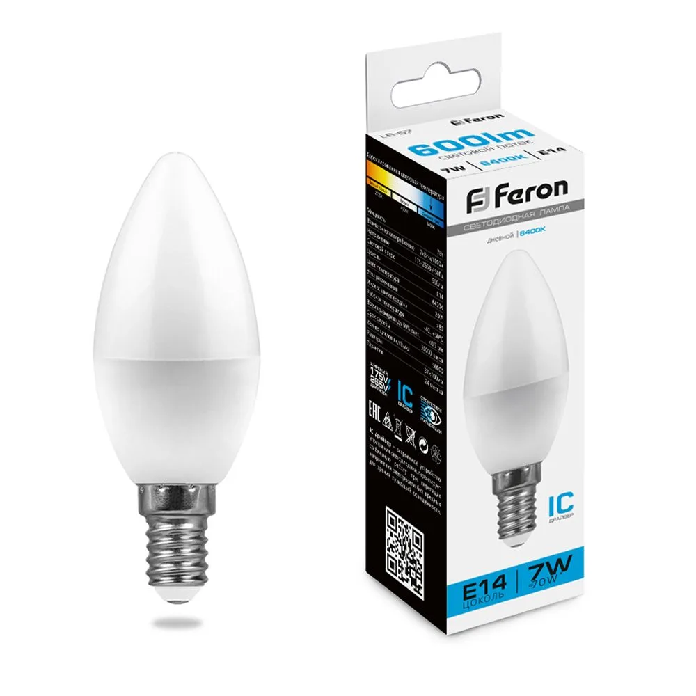 Лампа светодиодная FERON LB-97 Свеча E14 7W 175-265V 6400K 25477