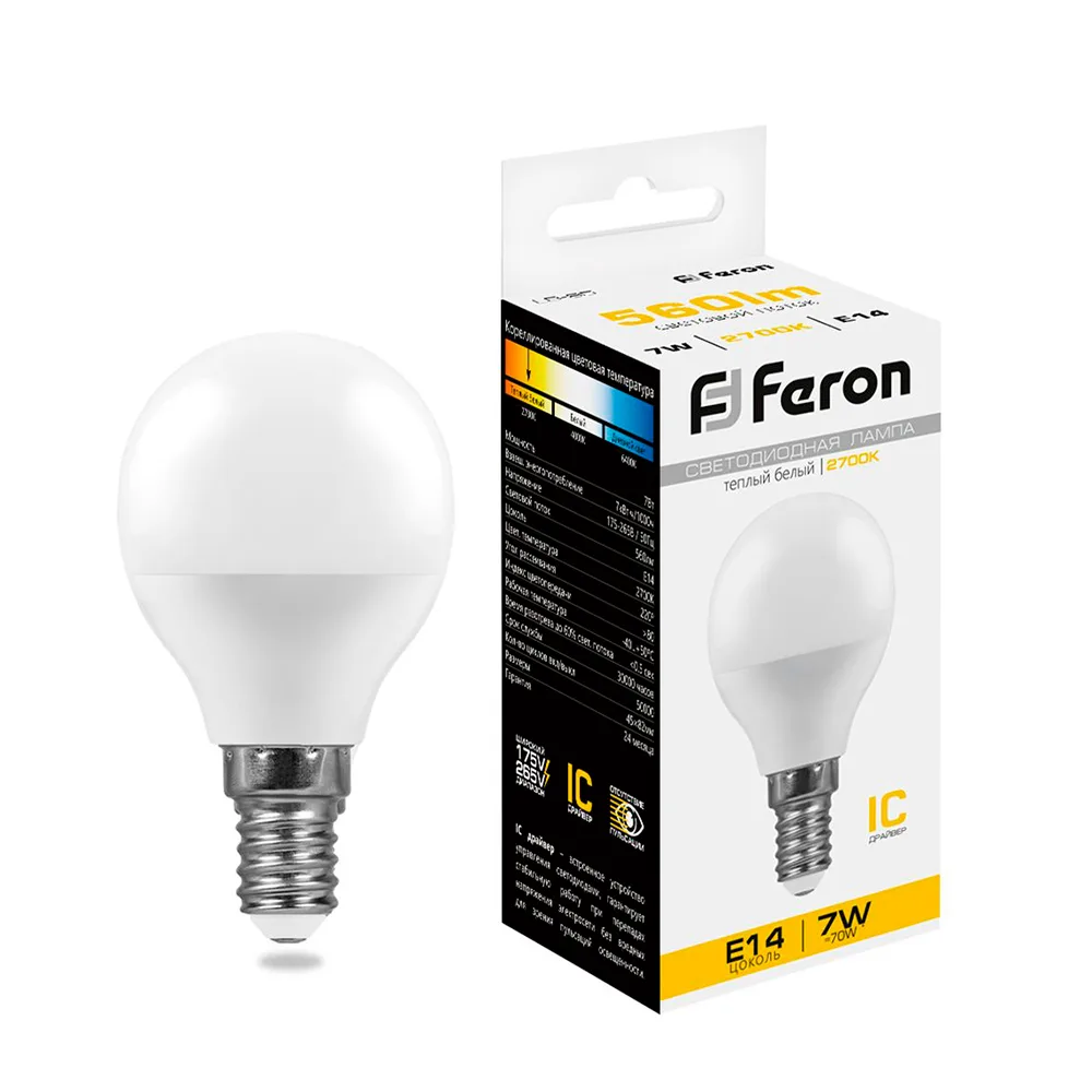 FERON Лампа светодиодная LB-95 Шарик E14 7W 175-265V 2700K 25478 FERON Лампа светодиодная LB-95 Шарик E14 7W 175-265V 2700K 25478