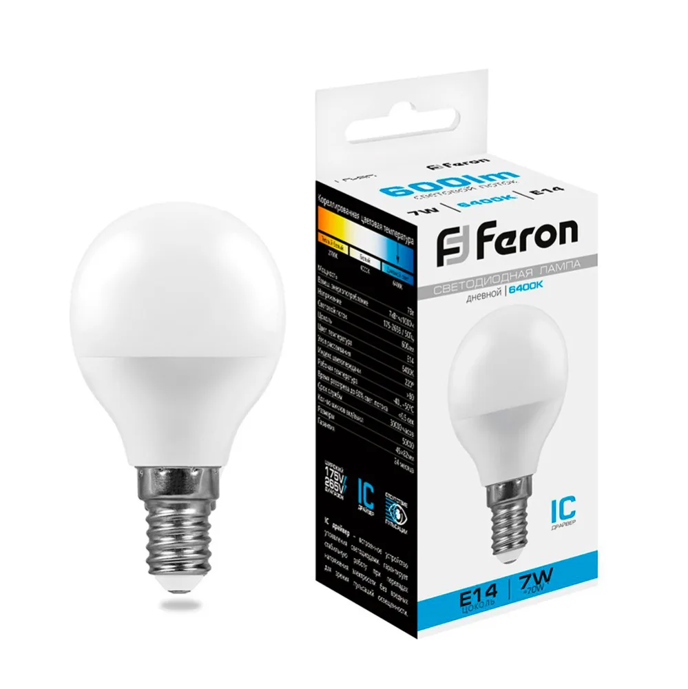 Лампа светодиодная FERON LB-95 Шарик E14 7W 175-265V 6400K 25480