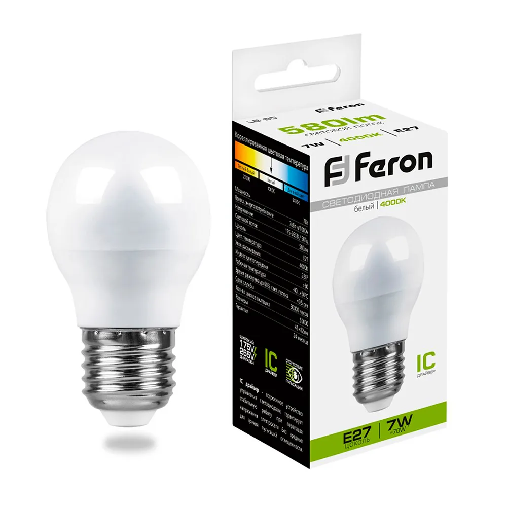 FERON Лампа светодиодная LB-95 Шарик E27 7W 175-265V 4000K 25482 FERON Лампа светодиодная LB-95 Шарик E27 7W 175-265V 4000K 25482