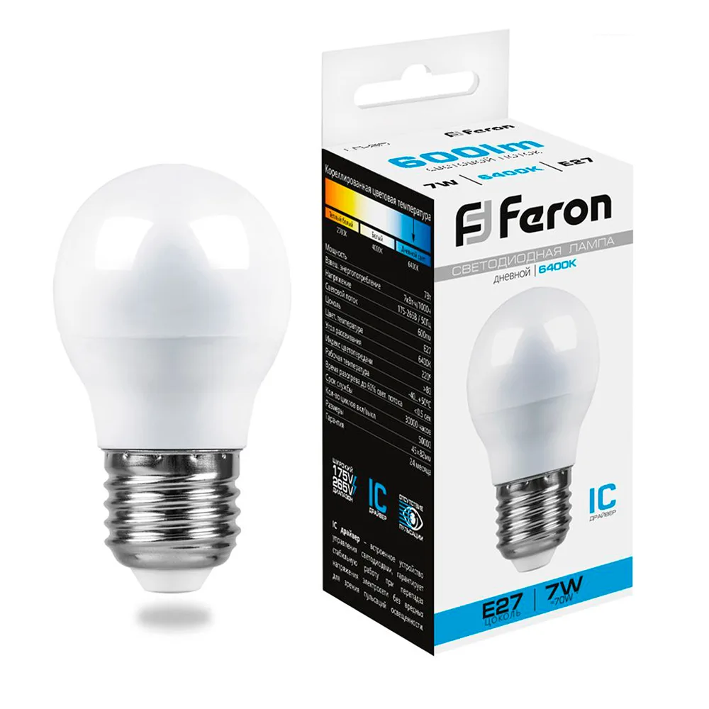 FERON Лампа светодиодная LB-95 Шарик E27 7W 175-265V 6400K 25483 FERON Лампа светодиодная LB-95 Шарик E27 7W 175-265V 6400K 25483