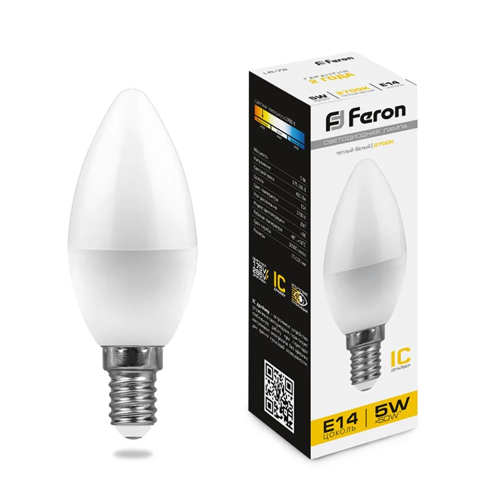 Лампа светодиодная FERON LB-72 Свеча E14 5W 2700K 25400