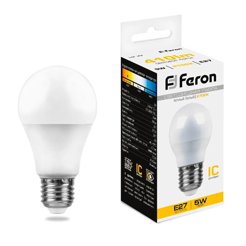 Лампа светодиодная FERON LB-38 Шарик E27 5W 175-265V 2700K 25404