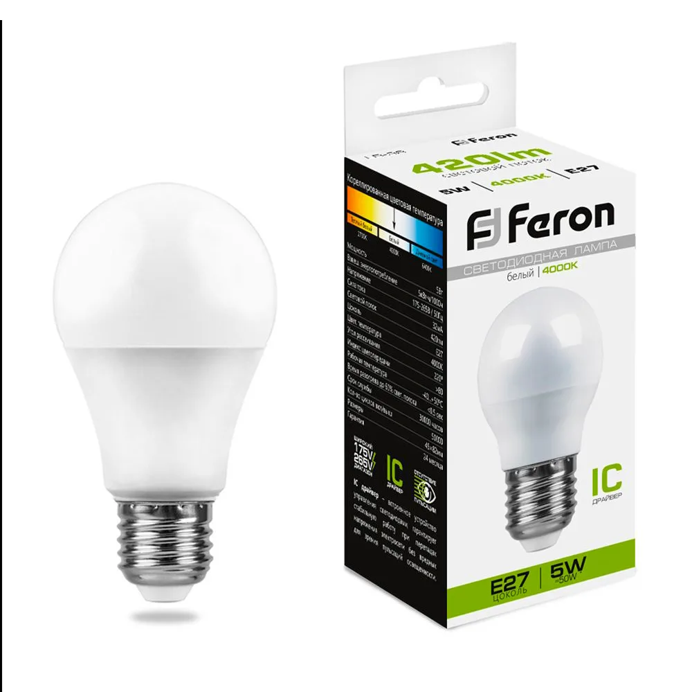 FERON Лампа светодиодная LB-38 Шарик E27 5W 175-265V 4000K 25405 FERON Лампа светодиодная LB-38 Шарик E27 5W 175-265V 4000K 25405