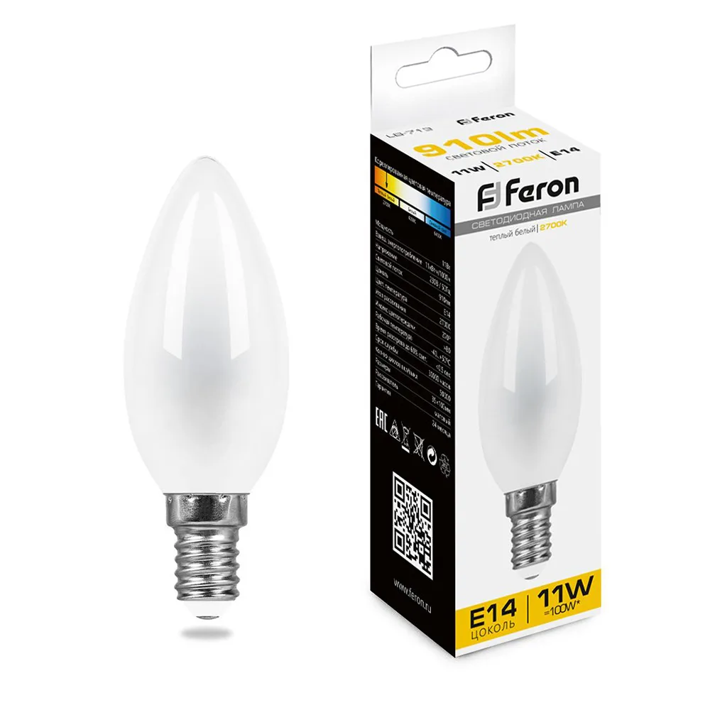 Лампа светодиодная FERON LB-713 Свеча E14 11W 230V 2700K 38005