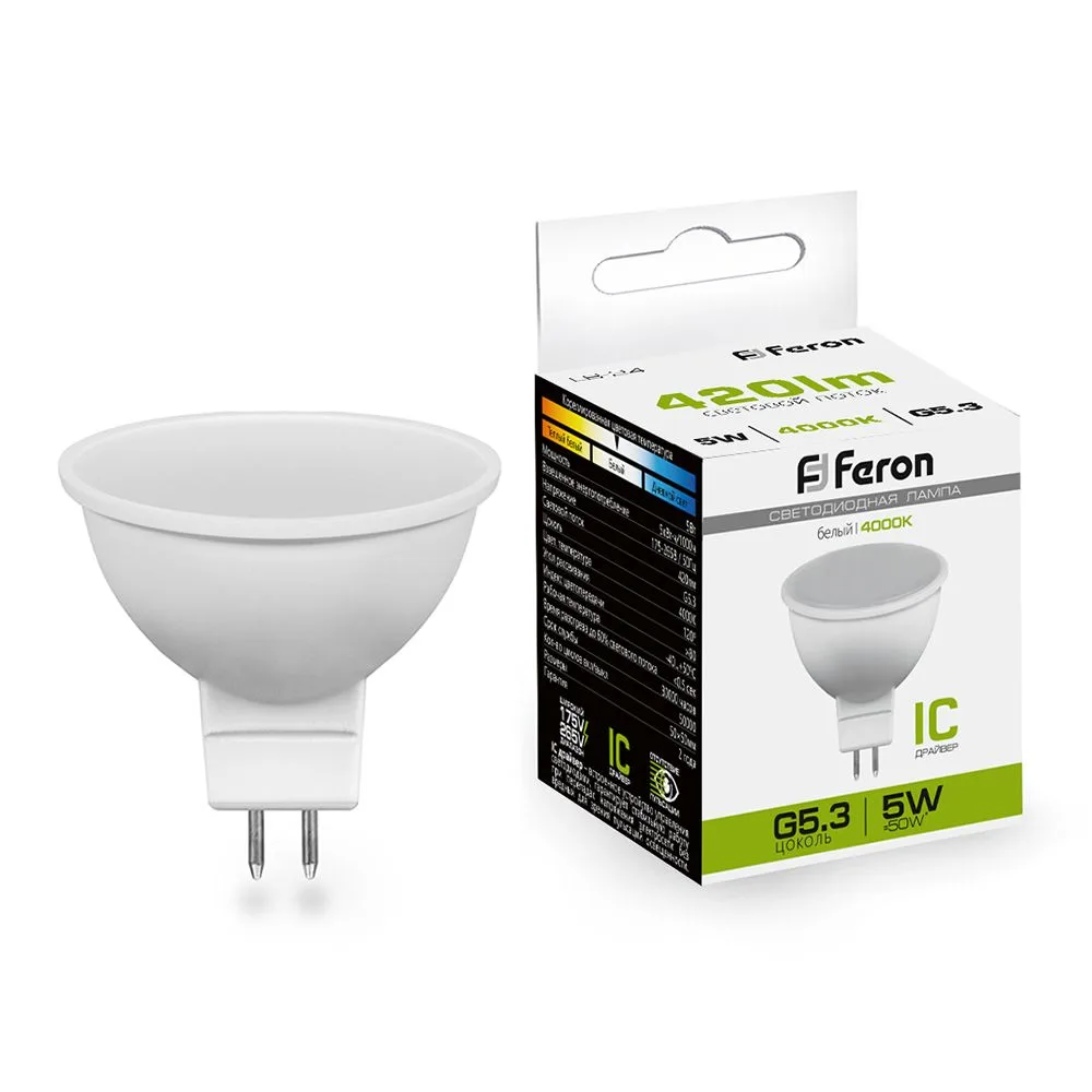 FERON Лампа светодиодная LB-24 MR16 G5.3 5W 175-265V 4000K 25126 FERON Лампа светодиодная LB-24 MR16 G5.3 5W 175-265V 4000K 25126
