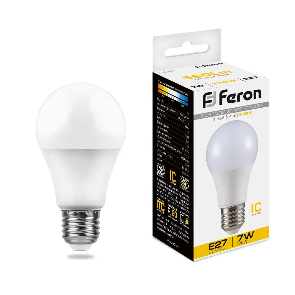 Лампа светодиодная FERON LB-91 Шар E27 7W 175-265V 2700K 25444