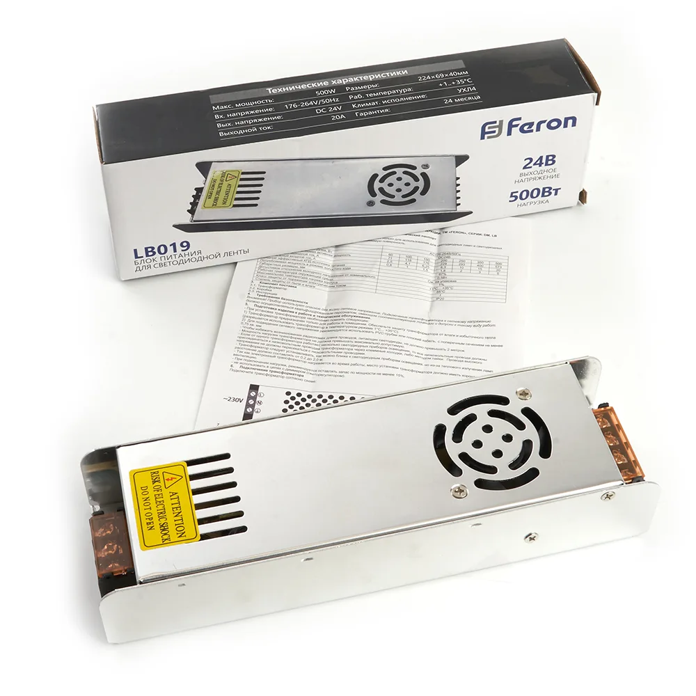 FERON Трансформатор электронный для светодиодной ленты 500W 24V (драйвер), LB019 FERON Трансформатор электронный для светодиодной ленты 500W 24V (драйвер), LB019
